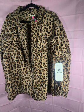 I BELIEVE Leopard Fleece Button-Up Shirt Jacket Plus Size 2XL New